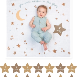 Lulujo Milestones - Cotton Swaddle Blanket and First Year Card Set - You were written in the Stars