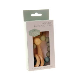 Wooden Teether and Rattle - Blue-grey